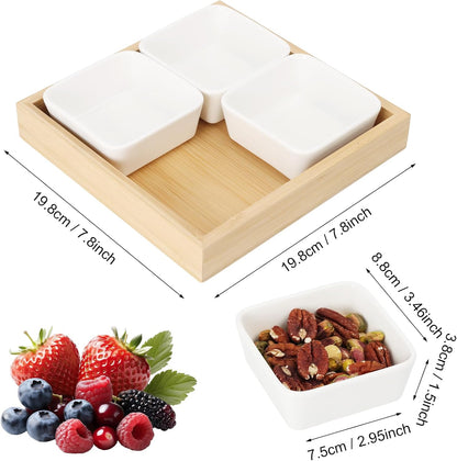 Ceramic Snack Bowls with Bamboo Tray Set,Divided Serving Bowls and Platters for Hosting & Party,Removable Serving Dishes for Chips and Dip,Fruit,Veggies,Candy and Snacks Kitchen Decor (4)