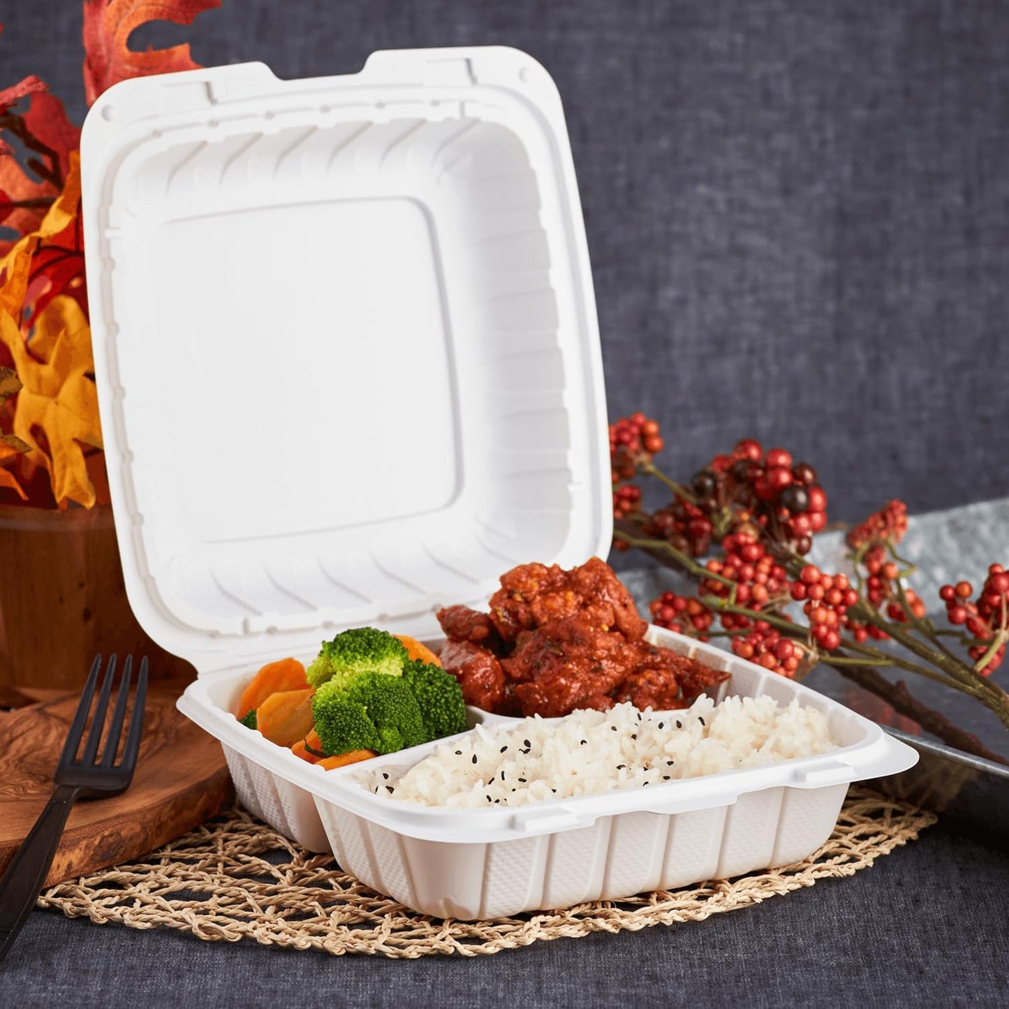 KARAT EARTH Clamshell Take Out Food Containers [8"x8" - 200 ct] To Go Containers | 3 Compartment, Soak-Resistant, Durable, Stackable | Vented for Hot/Cold Foods, White