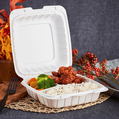 KARAT EARTH Clamshell Take Out Food Containers [8"x8" - 200 ct] To Go Containers | 3 Compartment, Soak-Resistant, Durable, Stackable | Vented for Hot/Cold Foods, White