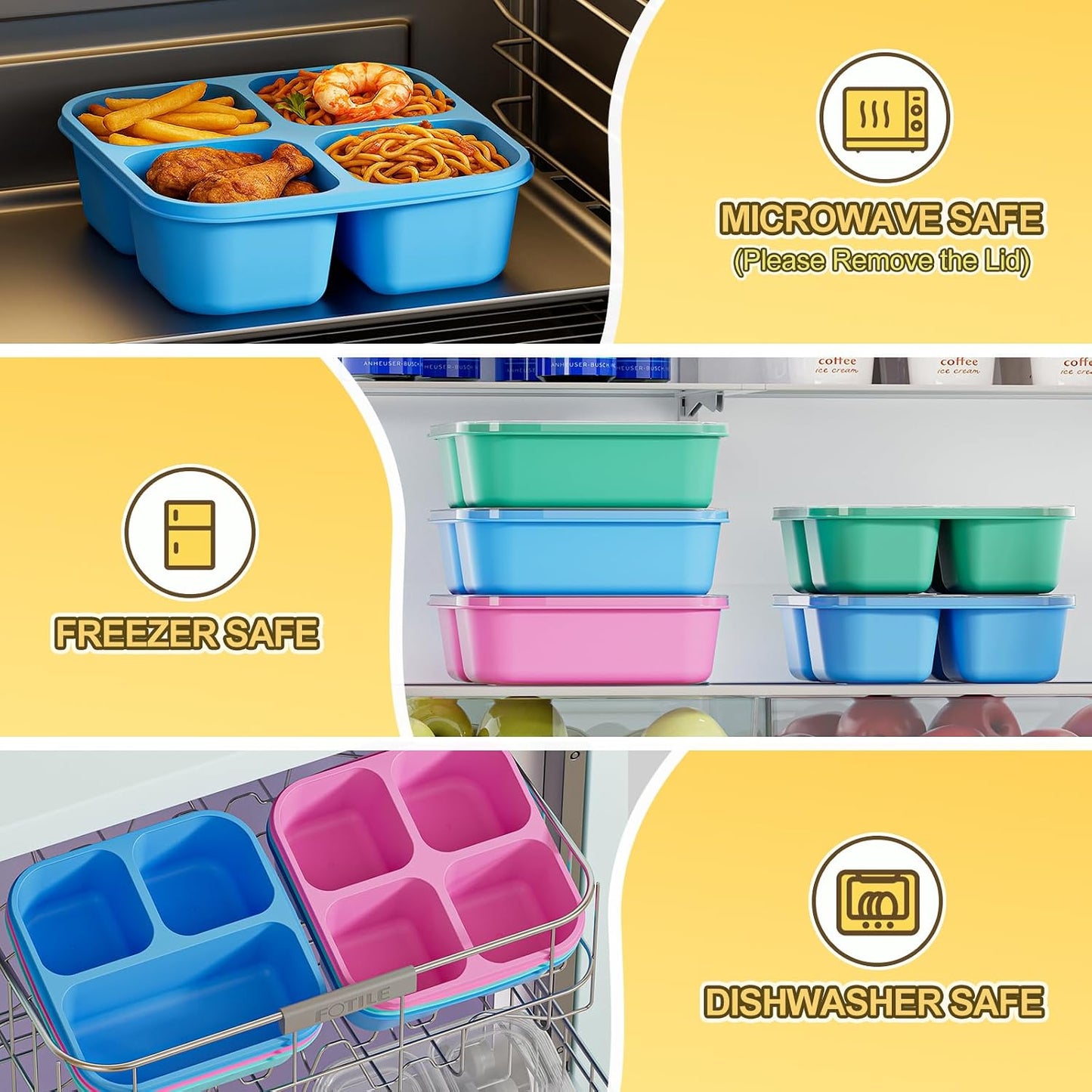 6 Pcs Snack Box Container Set, Reusable 3&4 Compartment Meal Prep Snack Containers for Adults Kids Toddler, BPA-Free Divided Lunchable Container for School, Work and Travel (Transparent Lids)