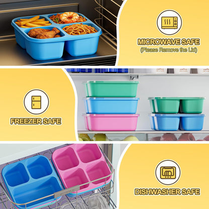 6 Pcs Snack Box Container Set, Reusable 3&4 Compartment Meal Prep Snack Containers for Adults Kids Toddler, BPA-Free Divided Lunchable Container for School, Work and Travel (Transparent Lids)