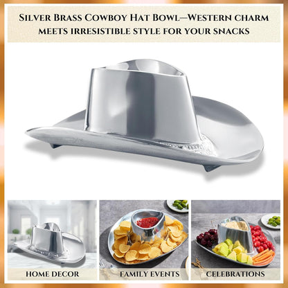 Cowboy Hat Chip and Dip Serving Bowl Silver Brass Snack, Western Candy & Salad Bowl - Chip n Dip All American Hat Centerpiece Serving Platter for Nuts, Salsas, Food, Serveware Decor Entertaining 1PC