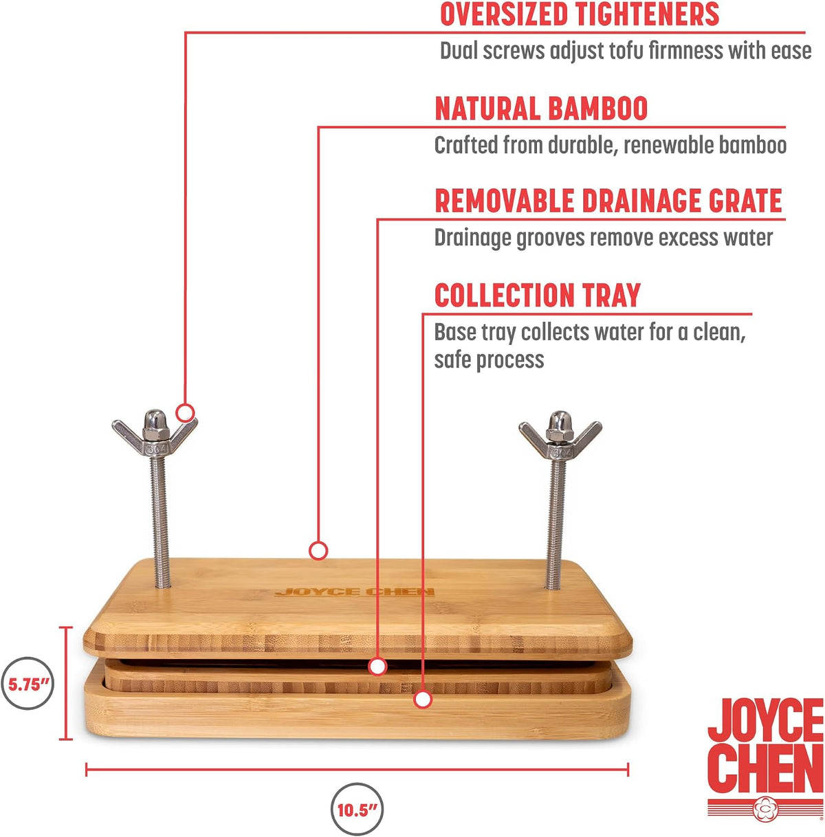 Joyce Chen Bamboo Tofu Press, Built-In Drainage Grate & Removable Drip Tray, Adjustable Dual Tension Screws, Easily Remove Water from Tofu, Mess-Free Tofu Drainer