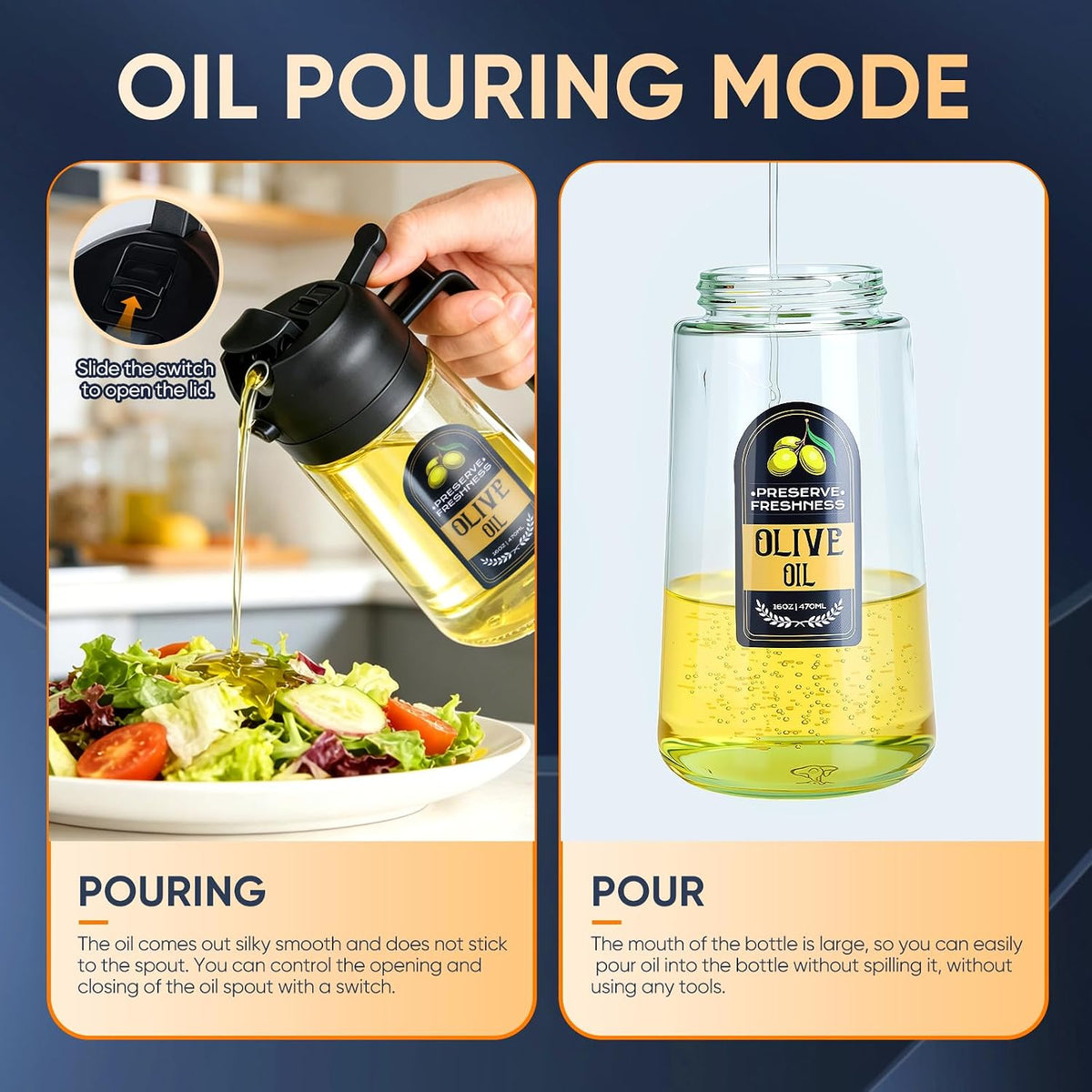 2 in 1 Olive Oil Sprayer for Cooking, 16 Oz Olive Oil Dispenser Bottle for Kitchen, Fits Air Fryers, Salads, BBQ & More