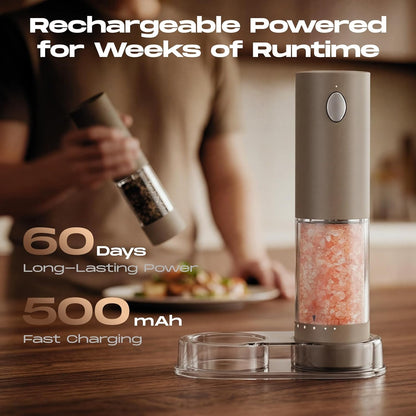 Electric Salt and Pepper Grinder Set, Battery Automatic Salt and Pepper Shaker with Adjustable Coarseness, Large Capacity Pepper Mill with LED White Elephant Gifts(Battery-Stainless Steel)