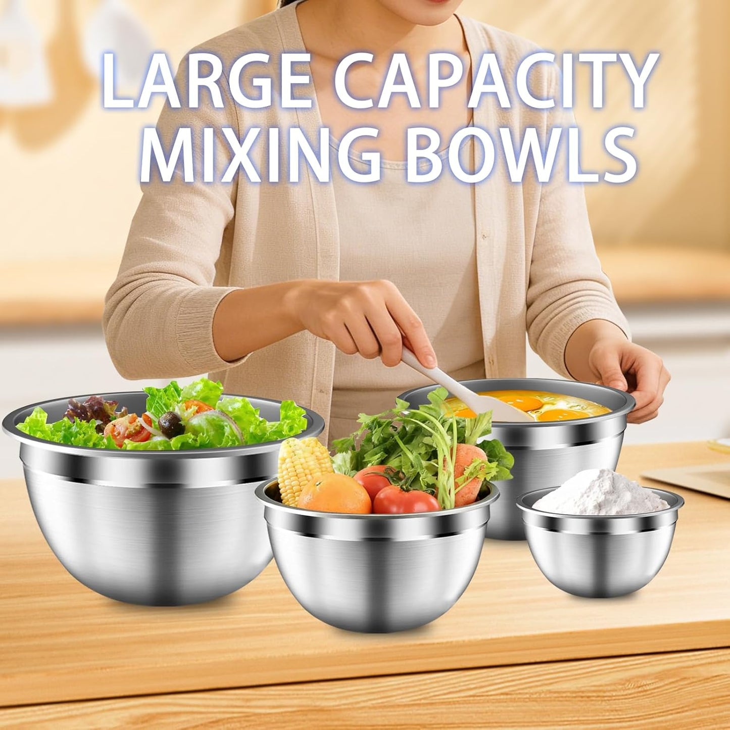 Mixing Bowls with Airtight Lids Set, 5 PCS Stainless Steel Khaki Nesting Bowls for Kitchen, Large Prep Metal Mixing Bowls for Kitchen, 5.5/4/3.5/2/1.5 QT for Mixing & Serving