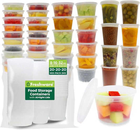 Freshware Food Storage Containers [24 Set] 32 oz Plastic Deli Containers with Lids, Slime, Soup, Meal Prep Containers, BPA Free, Stackable, Leakproof, Dishwasher and Freezer Safe, Translucent