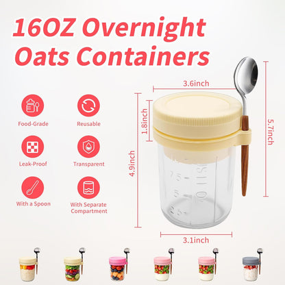 6 Packs Overnight Oats Containers with Lids, 16 Oz Glass Mason Jars with Spoons and Removable Separate Compartments Large Airtight Overnight Oats Jars for Milk Yogurt Fruit Salad