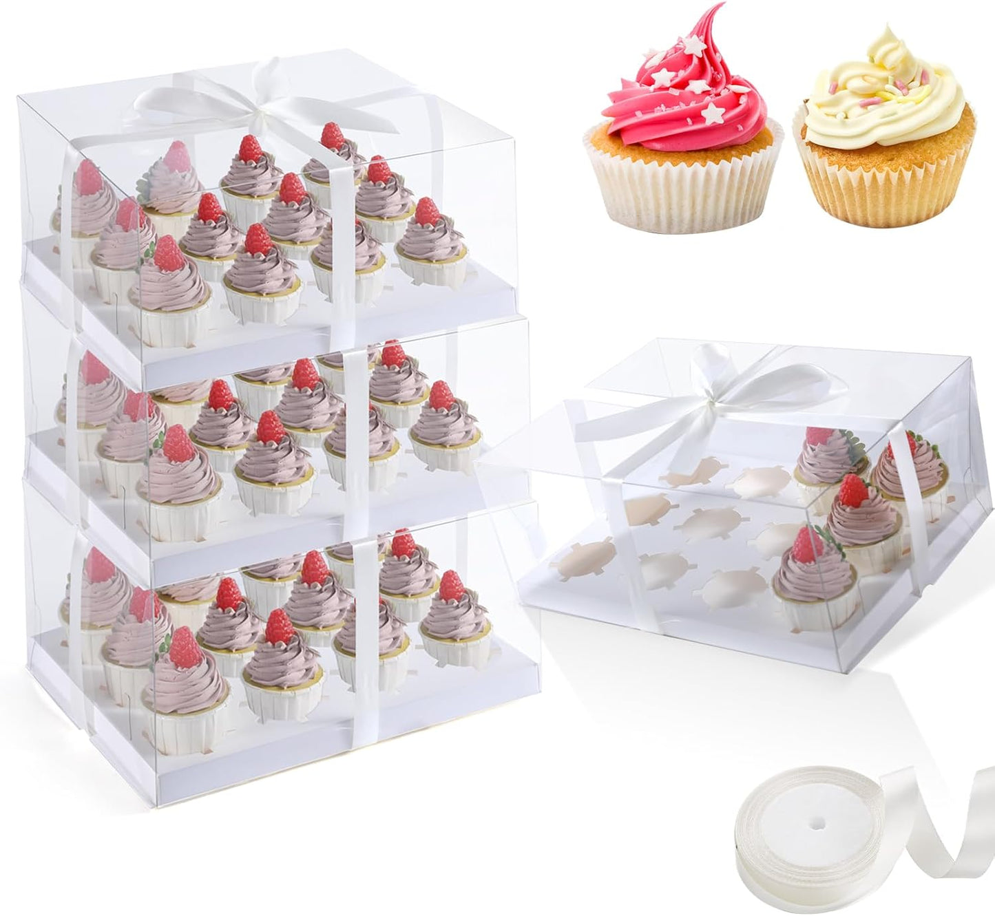 JCD 4 Pack Clear Cupcake Boxes, Plastic Cupcake Containers with Gift Ribbon, 5.5inches height Holder 6 Count Cup Cake Boxes for Parties, Baking, Wedding, Transport (6count/4pcs)