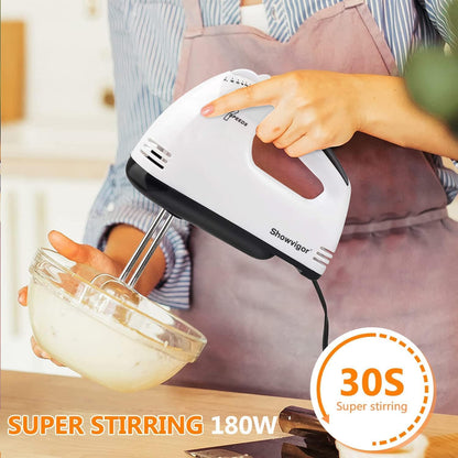 Showvigor Electric Hand Mixer with Stainless Steel Mixing Bowl Set –7 Speeds Turbo-Boost Hand Mixer with Large Mixing Bowls, Measuring Cups, Spoons & Spatula for Kitchen Cakes Eggs Baking(Pink)