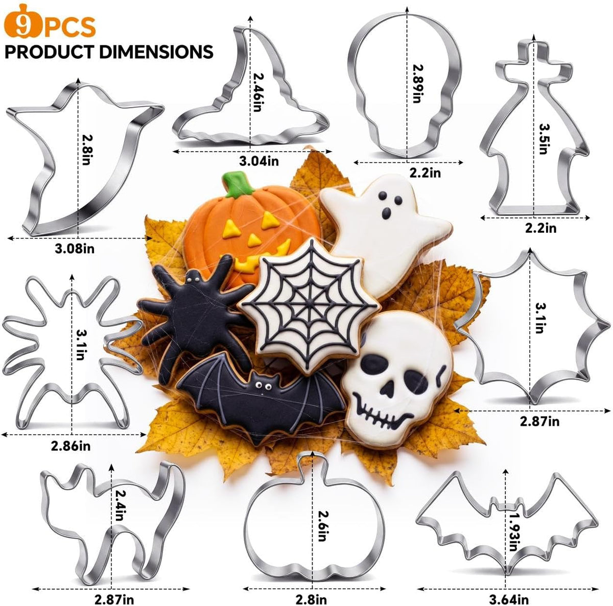 Halloween Cookie Cutters Set 9 Pieces, Metal Cookie Cutters Shapes - Bat, Ghost, Pumpkin, Cat, Witch's Hat, Spider, Spider Web, Skull, Tombstone, Stainless Steel Biscuit Molds for Party Decorations