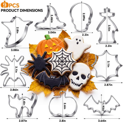 Halloween Cookie Cutters Set 9 Pieces, Metal Cookie Cutters Shapes - Bat, Ghost, Pumpkin, Cat, Witch's Hat, Spider, Spider Web, Skull, Tombstone, Stainless Steel Biscuit Molds for Party Decorations
