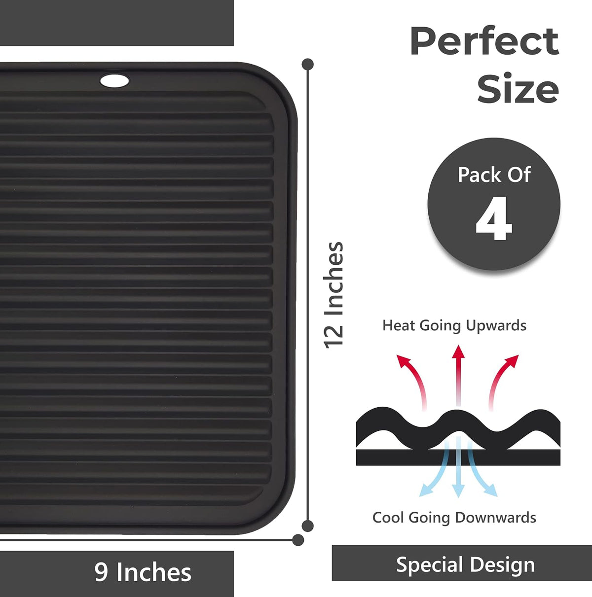 Silicone Trivets for Hot Dishes, Pots, Pans (2 Pack) - Heat-Resistant Pot Holders for Kitchen Countertop Mats - Silicone Trivet Mat (9 x 12 Inch) - Multipurpose Counter Pads (Black)