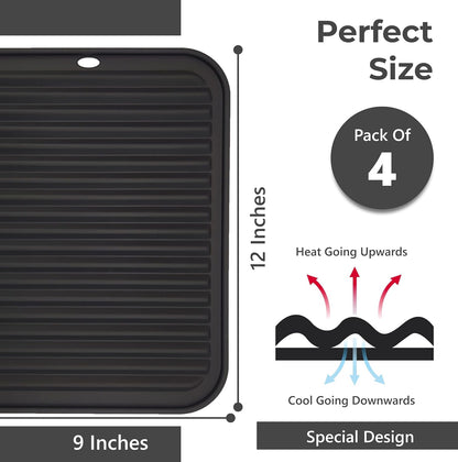 Silicone Trivets for Hot Dishes, Pots, Pans (2 Pack) - Heat-Resistant Pot Holders for Kitchen Countertop Mats - Silicone Trivet Mat (9 x 12 Inch) - Multipurpose Counter Pads (Black)