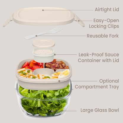 Bentgo Glass Salad Container - 7.6-Cup Salad Bowl with Airtight Lid, Leak-Proof Sauce Container, 4-Compartment Bento Tray & Reusable Fork - BPA-Free for Meal Prep, Office & More (Light Blue)