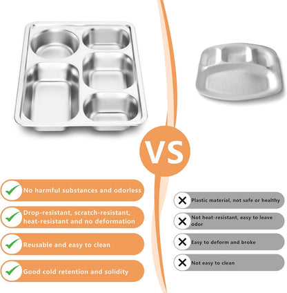 HaWare Toddler Stainless Steel Divided Plates Tray with 5-Compartment, Kids Adults Control Dinner Plates for Lunch Camping Dinner, Stackable Reusable Serving Platter, 2-Pack