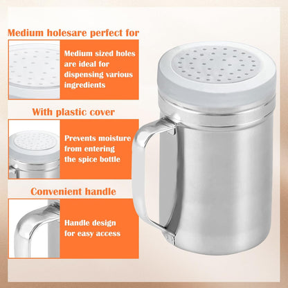 2Pcs Metal Salt Pepper Dredge Shakers, Stainless Steel Pepper Shaker Seasoning Jar With Handle, With Hole And Cover, Suitable For Pepper, Cinnamon And Coffee Spice Jars (Small-6OZ)