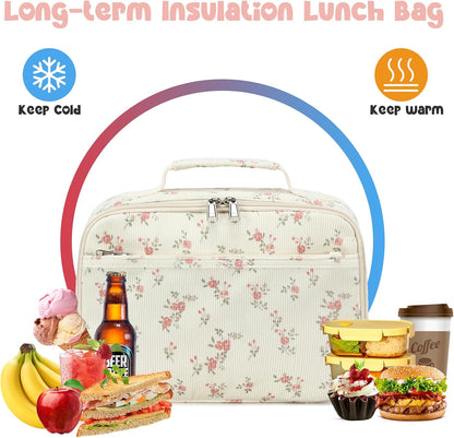Bluboon Insulated Lunch Bag for Girls & Boys, Corduroy School Lunch Box with Cooler & Organizer Compartments, Leak-Proof Lunch Tote for School, Travel (Corduroy Strawberries Beige)