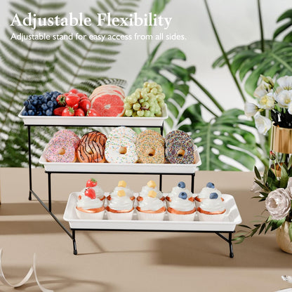 3-Tier Melamine Serving Tray Set, 11.5" x 5.6" Platters for Serving Food, Black Reusable Trays with Black Metal Display Stand for Cupcakes, Sevring Food, Dessert, Fruit, Cookie, Gold