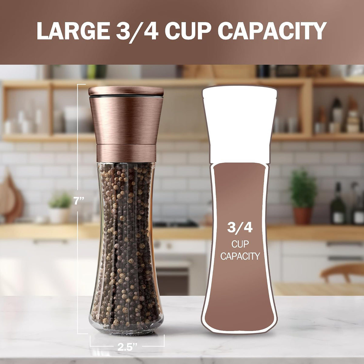 Home EC Premium Stainless Steel Sea Salt and Pepper Grinder Set of 2 - Adjustable Ceramic - Tall Glass Salt and Pepper Shakers - Kitchen Spice Mill W/Funnel & EBook