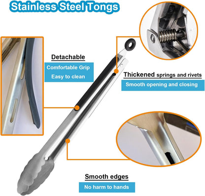 Kitchen Tongs for Cooking, Stainless Steel Salad Tongs for Serving Food Grilling with Locking Ring, Set of 4-9 inch and 12 inch