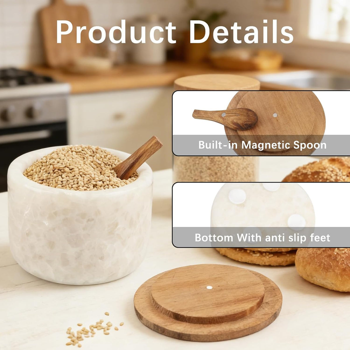 Salt and Pepper Spice Cellar, Marble Container for Coffee, Sugar, Spices and Candies, With Built-in Magnetic Attraction Spoon and Acacia Wood Lid, 6.5 oz (Snowflake White)