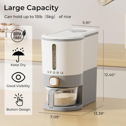UFORU Rice Dispenser, Rice Storage Container with Measuring Cup for Kitchen Pantry Household, Dry Food Storage Containers Airtight, Sealed Moisture Proof (White 13Lbs)