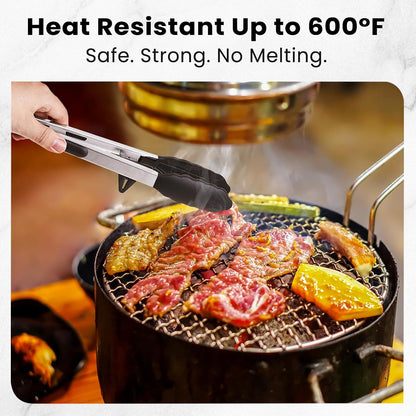 Kitchen Tongs Set of 2 (9” & 12”) – Stainless Steel & Silicone Cooking Tongs with Built-in Stand & Dishwasher Safe – Heat Resistant up to 600°F – Perfect for Grilling, BBQ, Salad & Frying