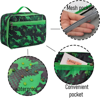 Dinosaur Bento Box for Kids Insulated Lunch Bag, 6-Compartment Leak-Proof Lightweight School Lunch Set for Boys Toddler with Spoon, Fork & Sauce Container