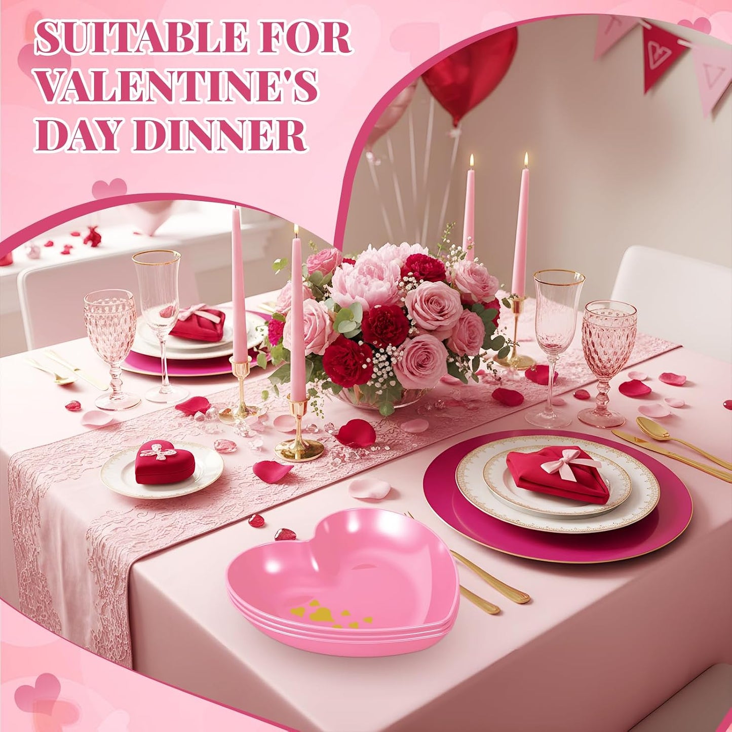 Reallnaive 6 Pcs 8.7 Inch Valentines Day Heart Shaped Plates Dessert Bowls Appetizer Plates Salad Bowls for Gift Valentine's Day Anniversary Party Supplies