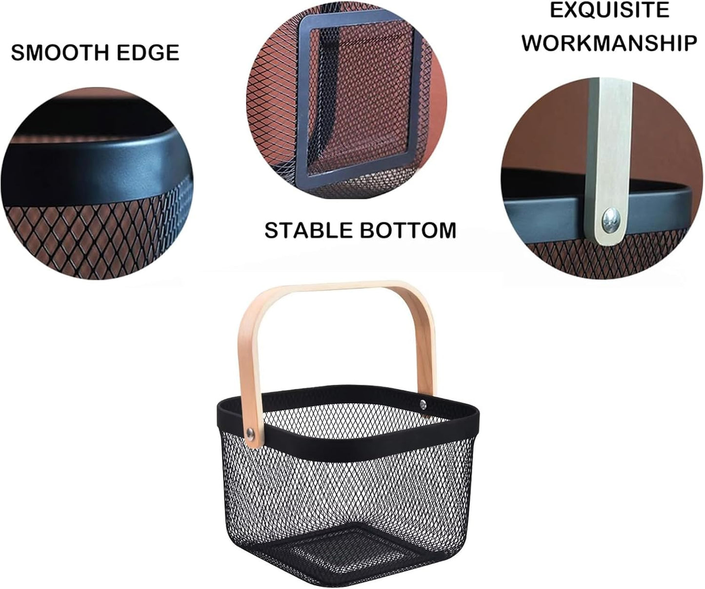 AJIODA Metal Mesh Wire Basket, Large Steel Basket with Wooden Handle Storage Organizer Basket Multi-functional Hanging Kitchen Baskets Fruit Baskets for Kitchen Bathroom Cabinet Pantry Snacks, Black
