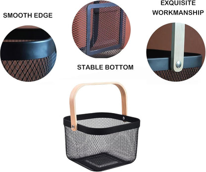 AJIODA Metal Mesh Wire Basket, Large Steel Basket with Wooden Handle Storage Organizer Basket Multi-functional Hanging Kitchen Baskets Fruit Baskets for Kitchen Bathroom Cabinet Pantry Snacks, Black