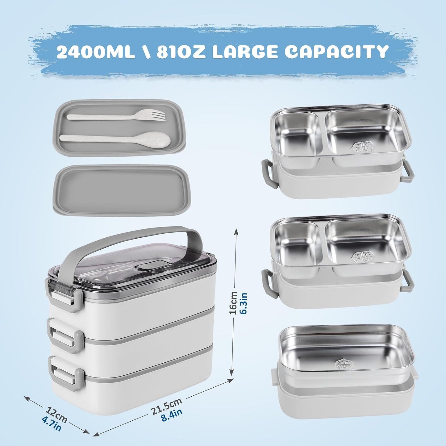 Stainless Steel Bento Box for Adults&Kids,Japanese Leakproof Lunch Box Divided Food Meal Storage Containers Set Stackable 2 Layer for Children School Picnic Beige