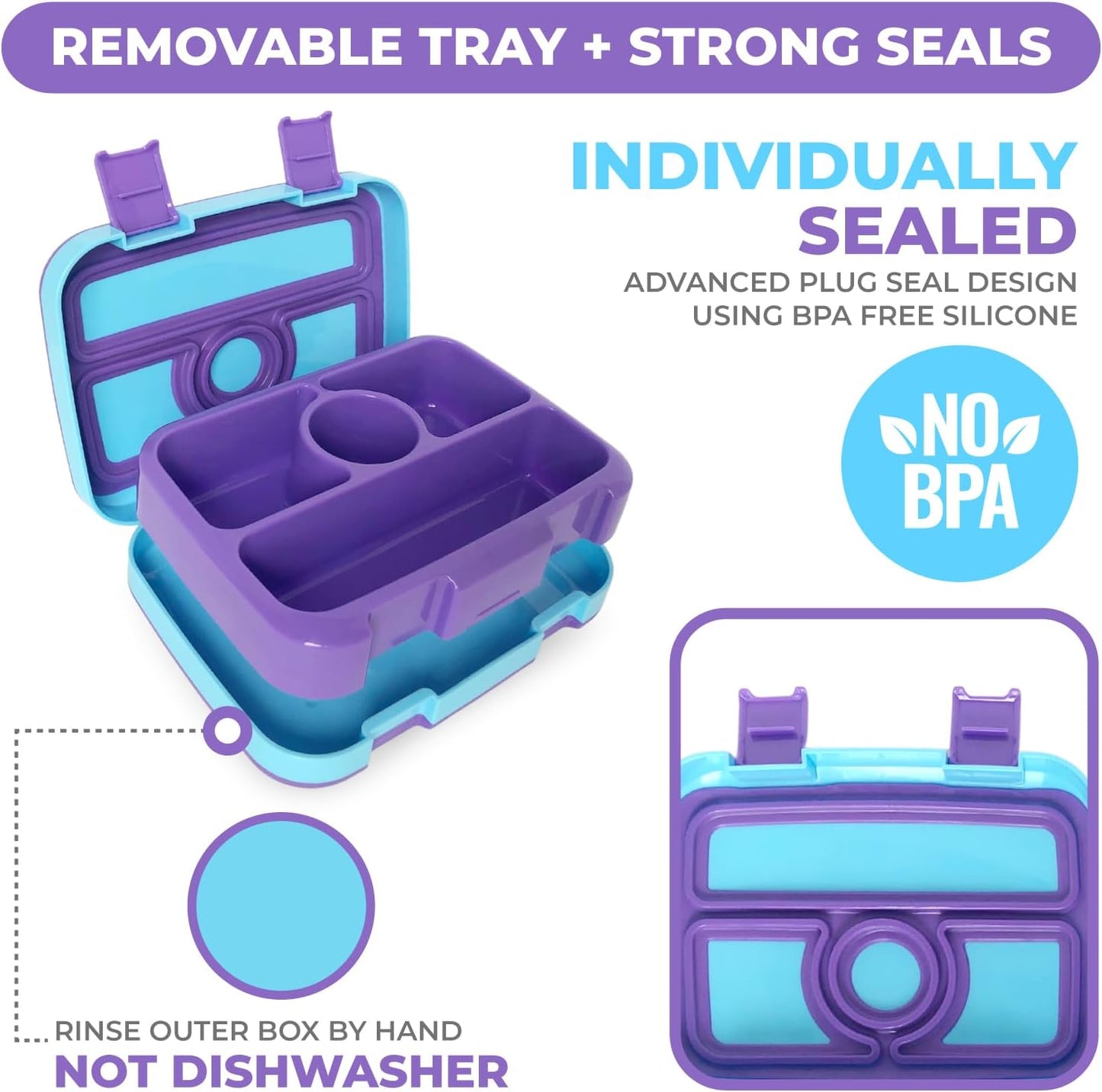 Kids Lunch Box - Bento Box for Boys Toddler Daycare, 4 Portion Sections with Lid, Snack Container Pre-School Kid Lunches Toddlers Removable Tray BPA Free, 3+ Years Old, Blue Rocket Dinosaur