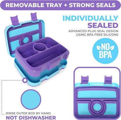 Kids Lunch Box - Bento Box for Boys Toddler Daycare, 4 Portion Sections with Lid, Snack Container Pre-School Kid Lunches Toddlers Removable Tray BPA Free, 3+ Years Old, Blue Rocket Dinosaur