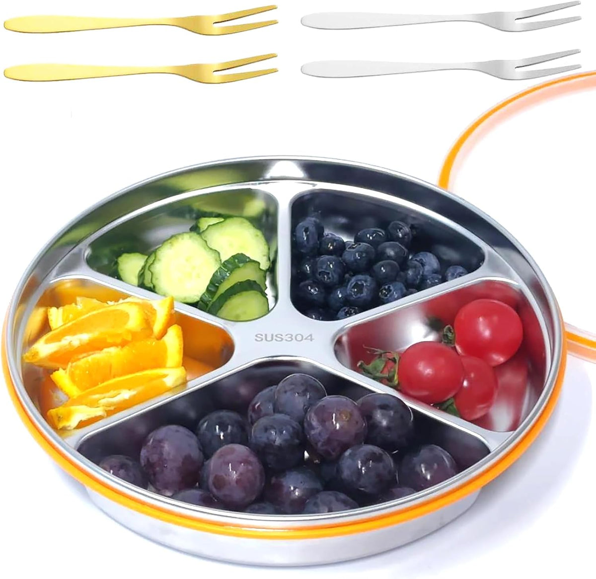 Divided Serving Tray with Lid SUS 304 Snackle Box Reusable Veggie Tray Serving Plate with 4 Forks Stainless Steel Snack Platter for Picnic Party and Travel 5 Compartments