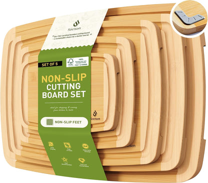 3 Packs Bamboo Cutting Board Set with Non Slip Feet and Over Sink Nice Solid Thick Wood Juice Groove Chopping Board Extra Large Big Small Best Hardwood Kitchen Counter Organic Vegetable