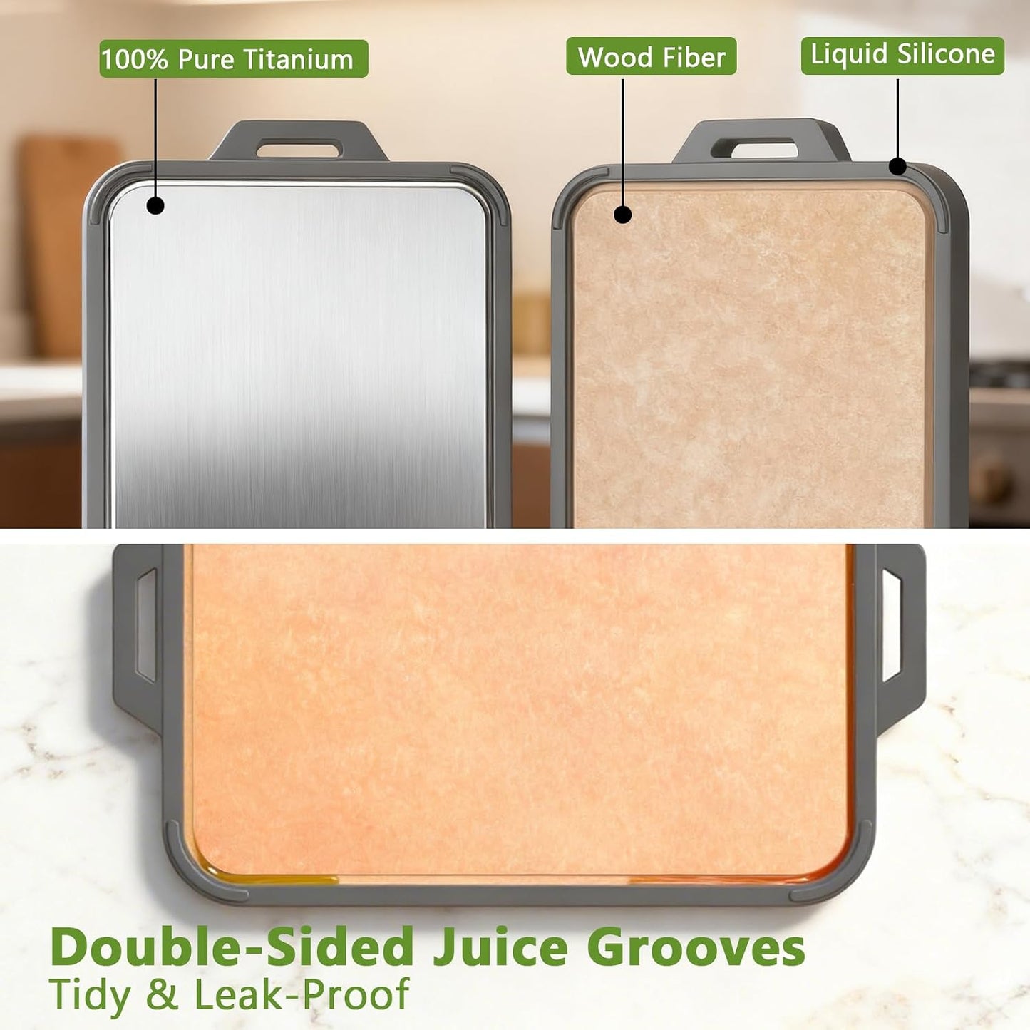 Titanium Cutting Board for Kitchen, Double Sided Pure Titanium and Wood Fiber Cutting Board with Juice Groove, Food Grade Material, for Chopping Meat/Vegetables/Fruit Dishwasher Safe 16"×11"