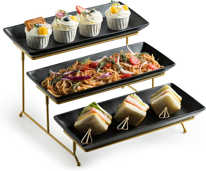 LYEOBOH 3 Tier Serving Bowls Set Tiered Serving Stand, Porcelain Oval Bowls with Collapsible Metal Stand for Entertaining, Party, Dessert Display, Candy, Chip and Dip (Gold)-45oz / 17.5oz / 7oz
