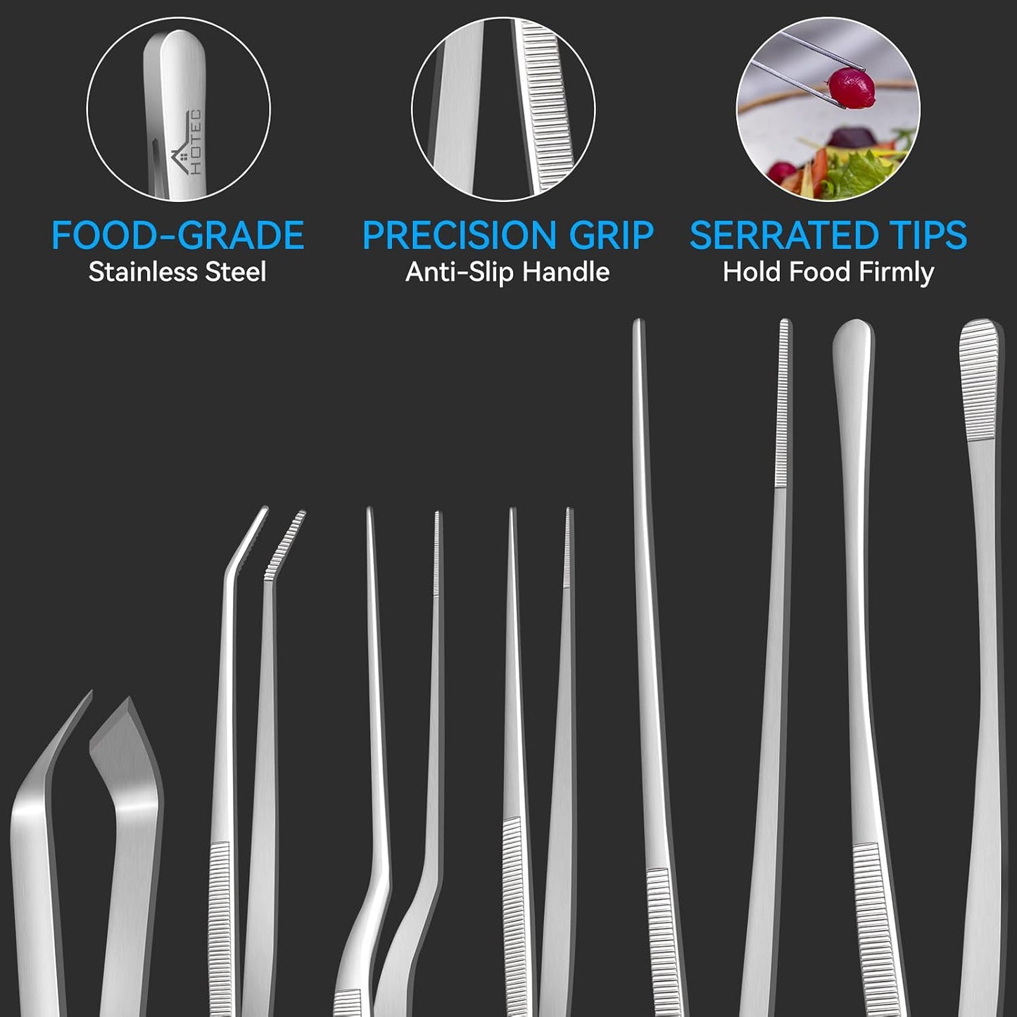 HOTEC Kitchen Tweezers Tongs Stainless Steel Professional Chef Tweezers, Set of 3-6.3", 10" and 12inch Food Tongs for Cooking, Repairing, Dessert, BBQ, Meat, Pasta