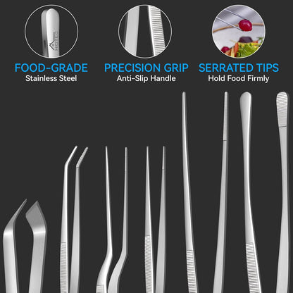 HOTEC Kitchen Tweezers Tongs Stainless Steel Professional Chef Tweezers, Set of 3-6.3", 10" and 12inch Food Tongs for Cooking, Repairing, Dessert, BBQ, Meat, Pasta