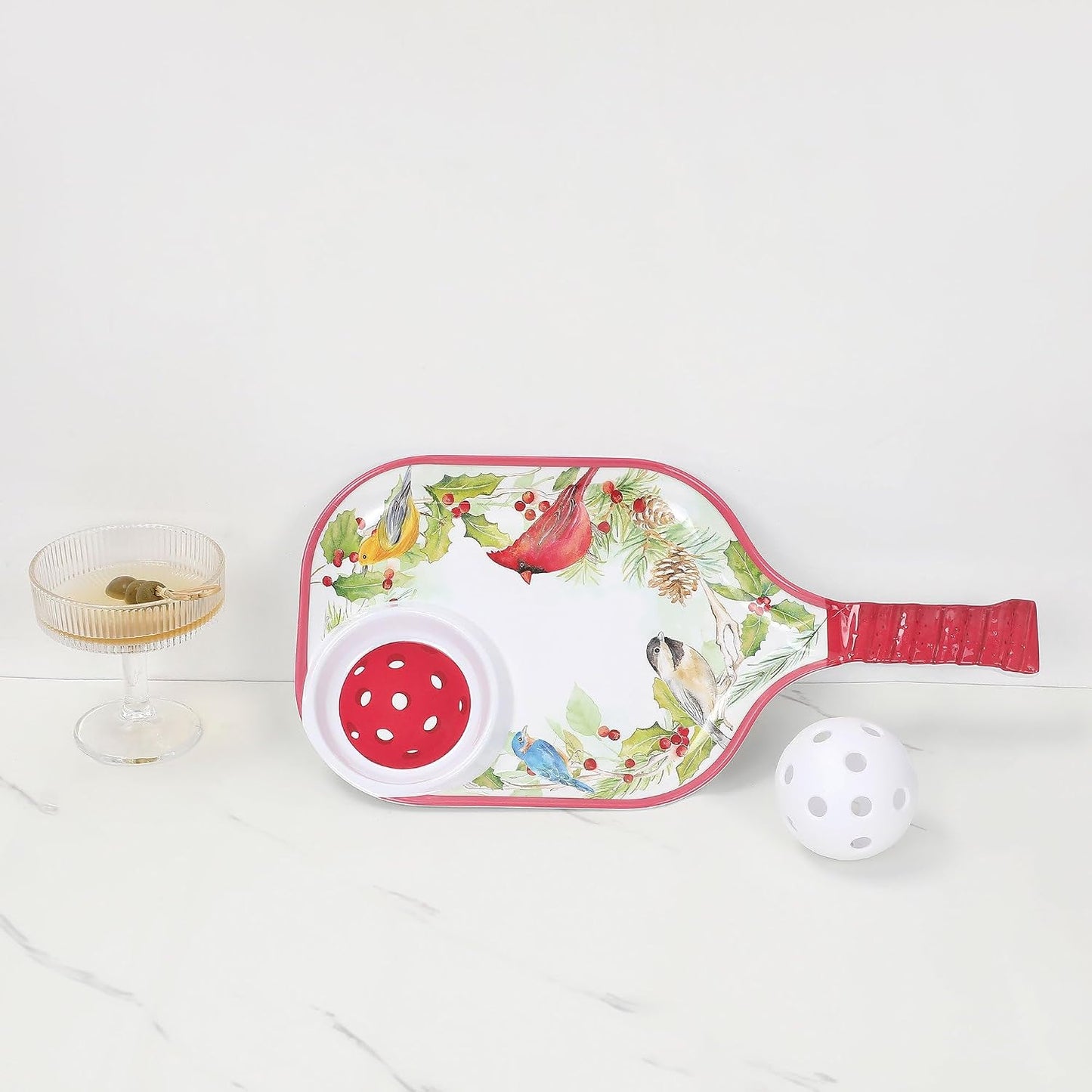 UPware Watermelon Melamine Chip and Dip Snack Tray, Summer Fruit Pickleball Paddle Shape Platter for Chips, Salsa, Fruits, and Appetizers, 15.75 x 8 Inch