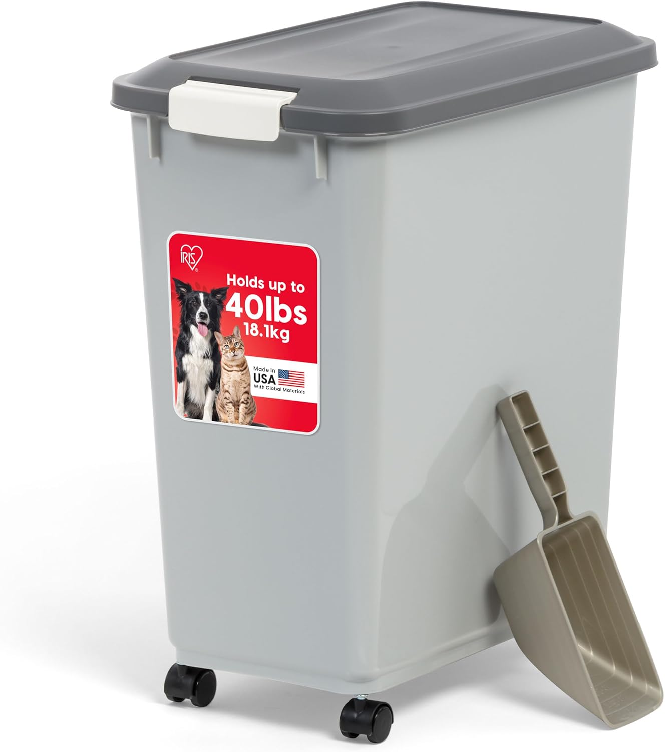IRIS USA Dog Food Storage Container with Wheels, Airtight Lid, 2-Cup Scoop, Up to 30 Pounds Pet Food Storage, Built in Scoop Storage in Lid, Versatile Pet Food Bin, Portable, BPA Free, Gray/Dark Gray