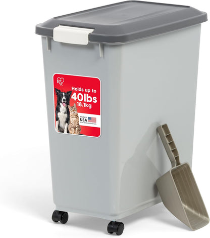 IRIS USA Dog Food Storage Container with Wheels, Airtight Lid, 2-Cup Scoop, Up to 30 Pounds Pet Food Storage, Built in Scoop Storage in Lid, Versatile Pet Food Bin, Portable, BPA Free, Gray/Dark Gray