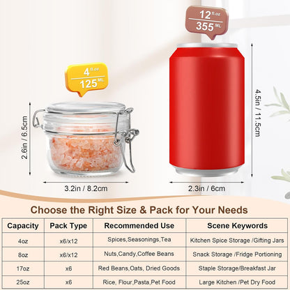 Spice Jars Set of 6, 4 oz Glass Spice Jars with Airtight Lids and Labels, Small Seasoning Jars for Spices, Herbs, Kitchen Spice Organizer