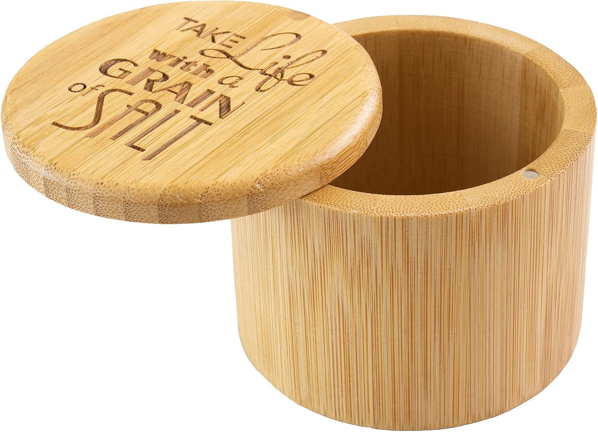 Totally Bamboo Salt Cellar Bamboo Storage Box with Magnetic Swivel Lid, 6 Ounce Capacity, "Take Life with a Grain of Salt" Engraved on Lid