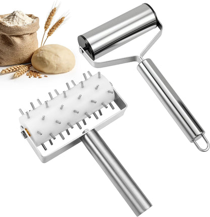 2Pcs Pizza Dough Roller & Dough Docker Kit Stainless Steel Rolling Pin