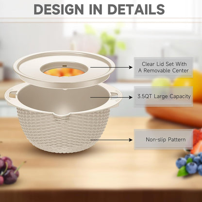 4-1 Colander with Bowl & Spoons Set - Rotatable Colander for kitchen with New Upgraded Graters, Food Strainer(Patented) for Pasta, Fruits, Vegetables, Funny Presents for Women, Beige