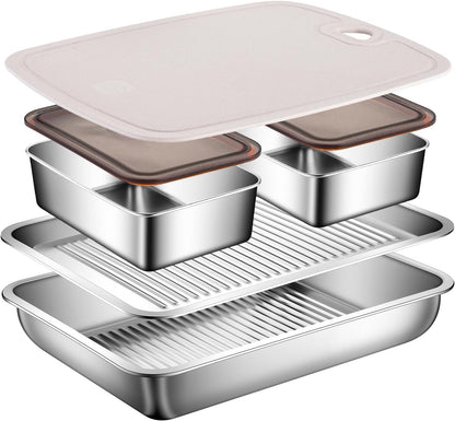 5-in-1 Grill Carry System, Drip EZ BBQ and Meal Prep Tub, Meat Platter for Serving, Grill Prep Tray with Cutting Board for Outdoor Grill, Marinating Container with Lid, Stainless Steel