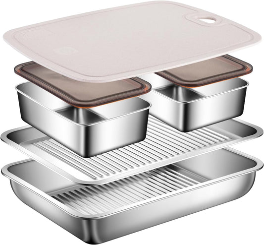 5-in-1 Grill Carry System, Drip EZ BBQ and Meal Prep Tub, Meat Platter for Serving, Grill Prep Tray with Cutting Board for Outdoor Grill, Marinating Container with Lid, Stainless Steel